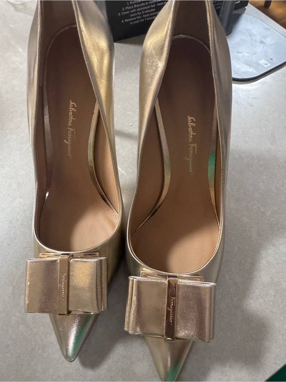 Salvatore Ferragamo Metallic Gold Pointed-Toe Bow Pumps size 40